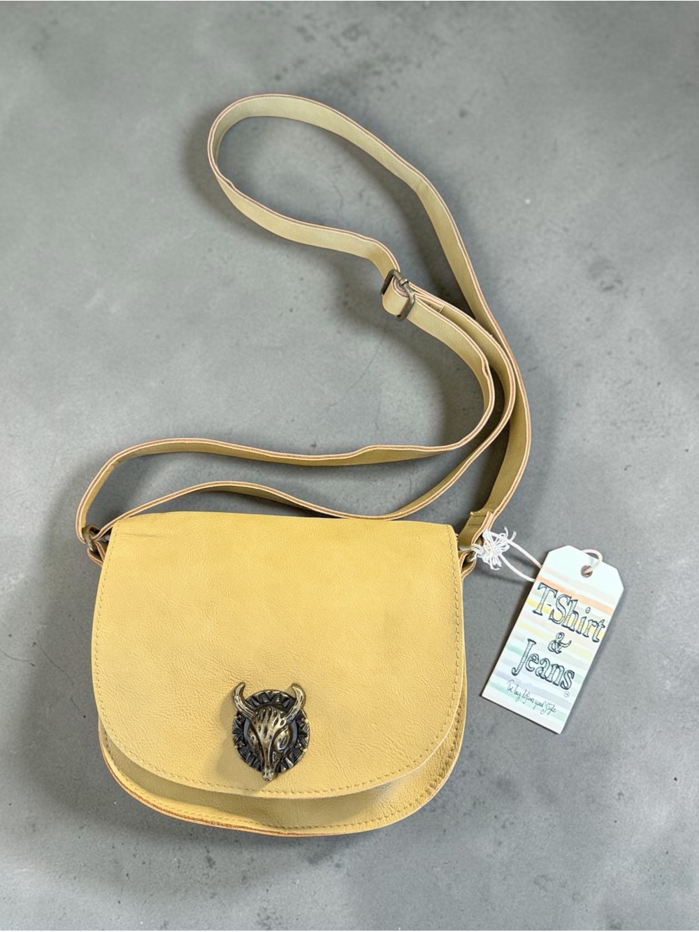 T-Shirt & Jeans Mustard Yellow Crossbody Saddle Bag with Metal Emblem
